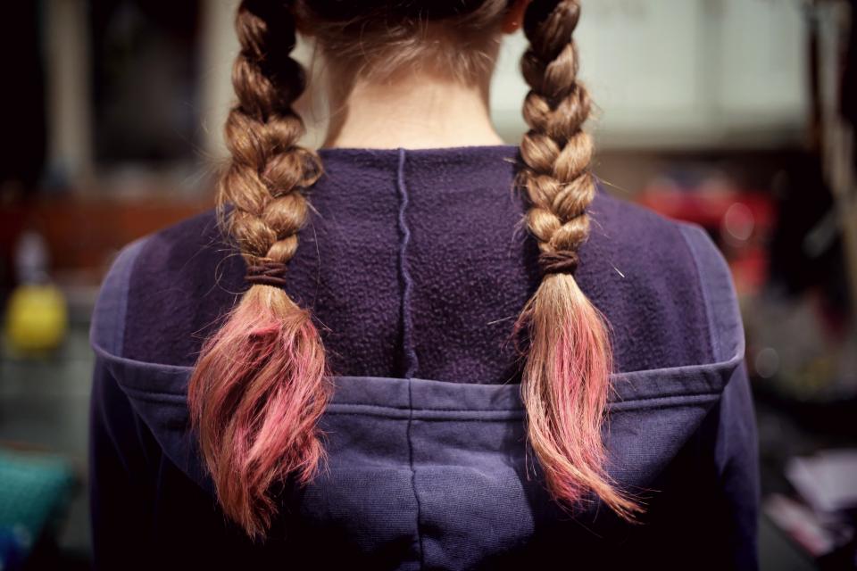 Twin braids with pink ombré tips